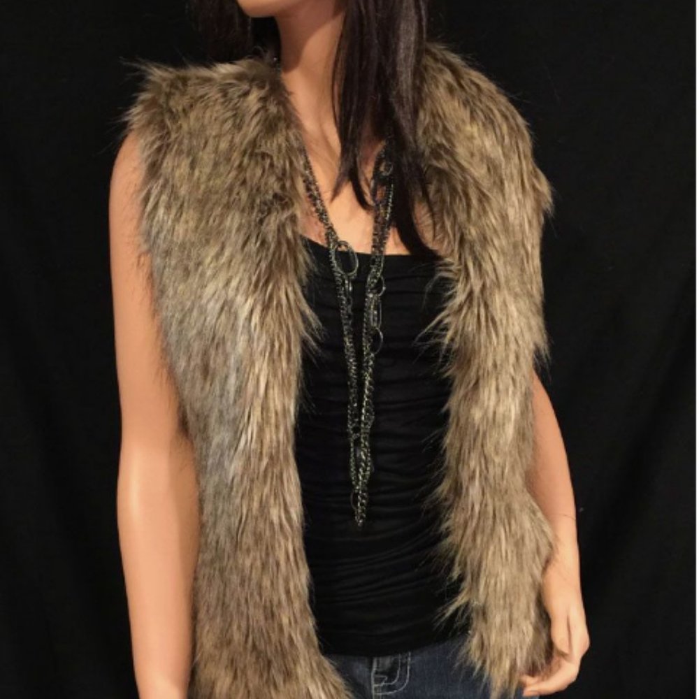 Attention Vest Women Size XL Brown Faux Fur Full Zipper Sleeveless Acrylic Blend